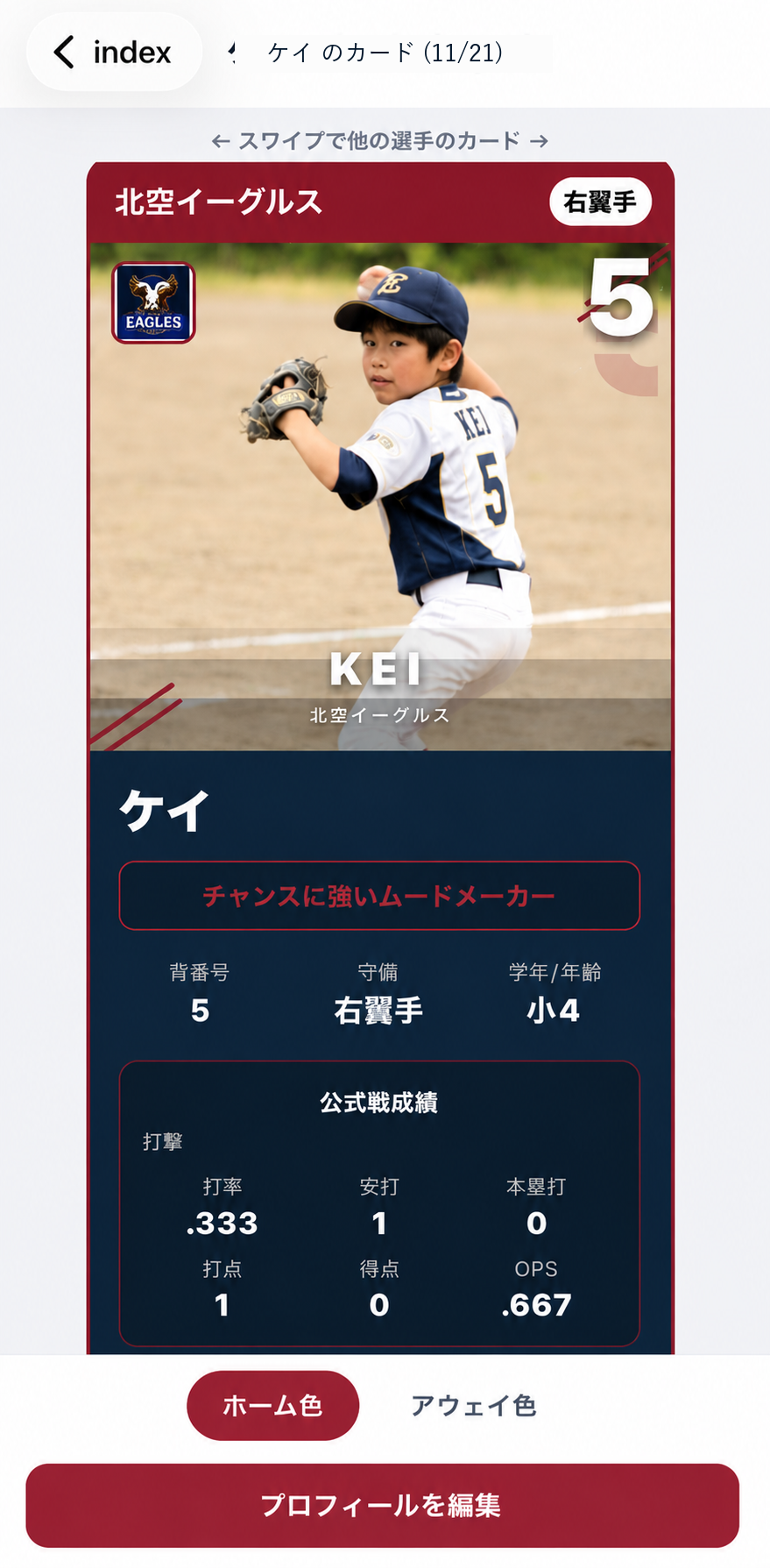 実際に撮った写真でつくった、Baseball LOG の選手カード（野球トレカ）