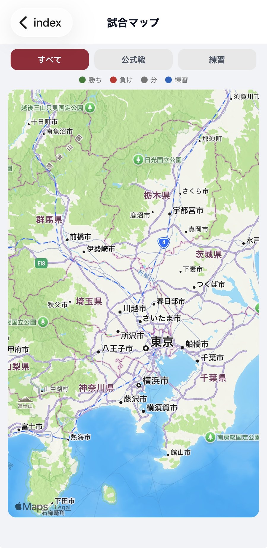 記録した試合の球場が色つきのピンで並んだ試合マップ